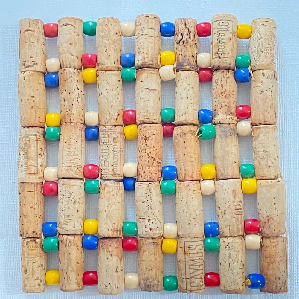 Vintage Handmade Wine‎ Cork Trivets Set of 2 Beaded Rustic Kitchen Decor Boho CA